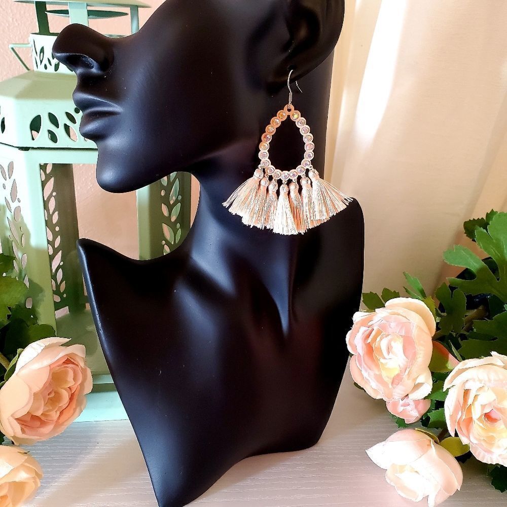𝅺AURORA Peach Teardrop Tassel Fringe Earrings